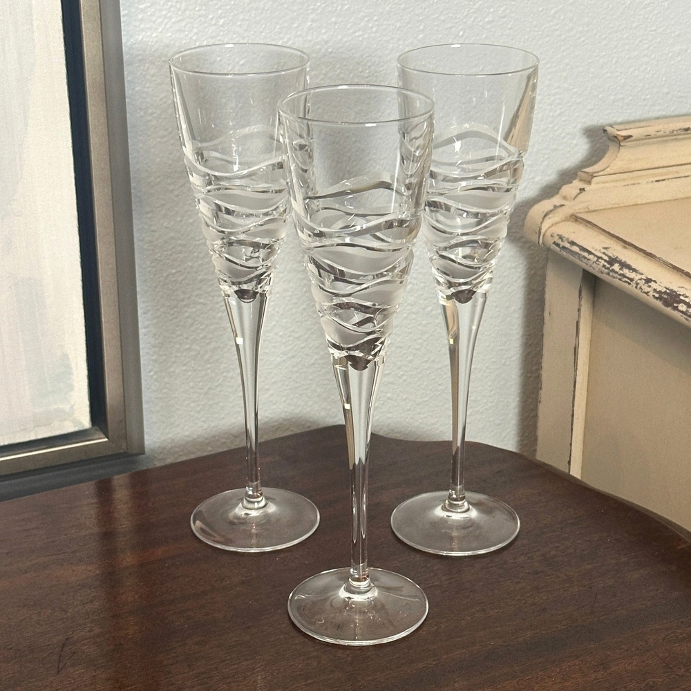 Crystal Champagne Flute Frosted Ribbon Swirl Wave 10" Vintage Stemware, Set of 3